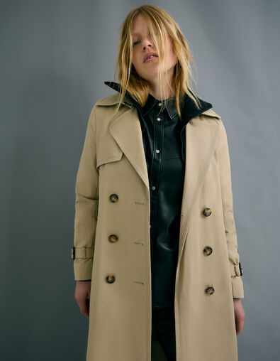 Women's long beige trench coat with removable trim - IKKS
