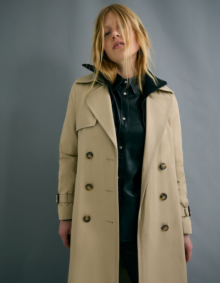 Women's long beige trench coat with removable trim-1