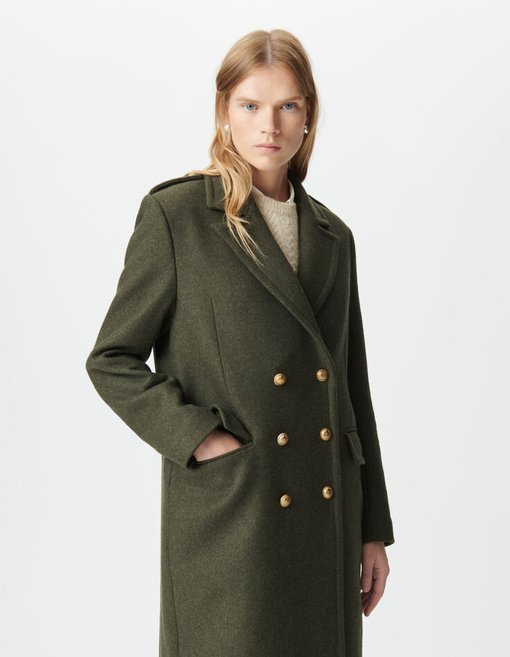 Women’s khaki long pea coat with engraved buttons-4