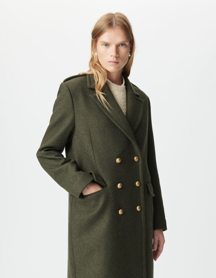 Women’s khaki long pea coat with engraved buttons-4 Women’s khaki long pea coat with engraved buttons-4