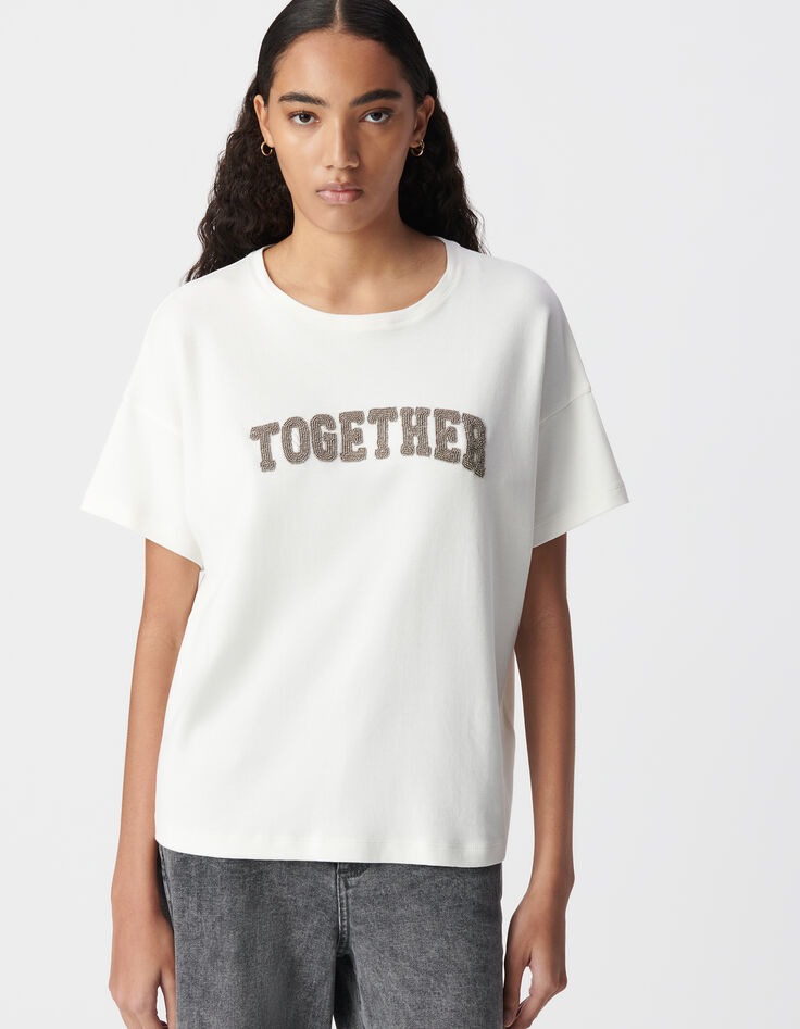 Tee-shirt blanc message brodé perles-2