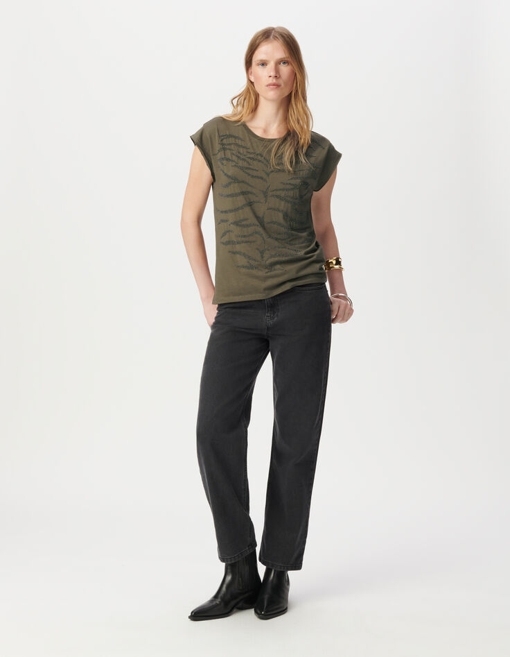 Tee-shirt col rond kaki broderies perles-2