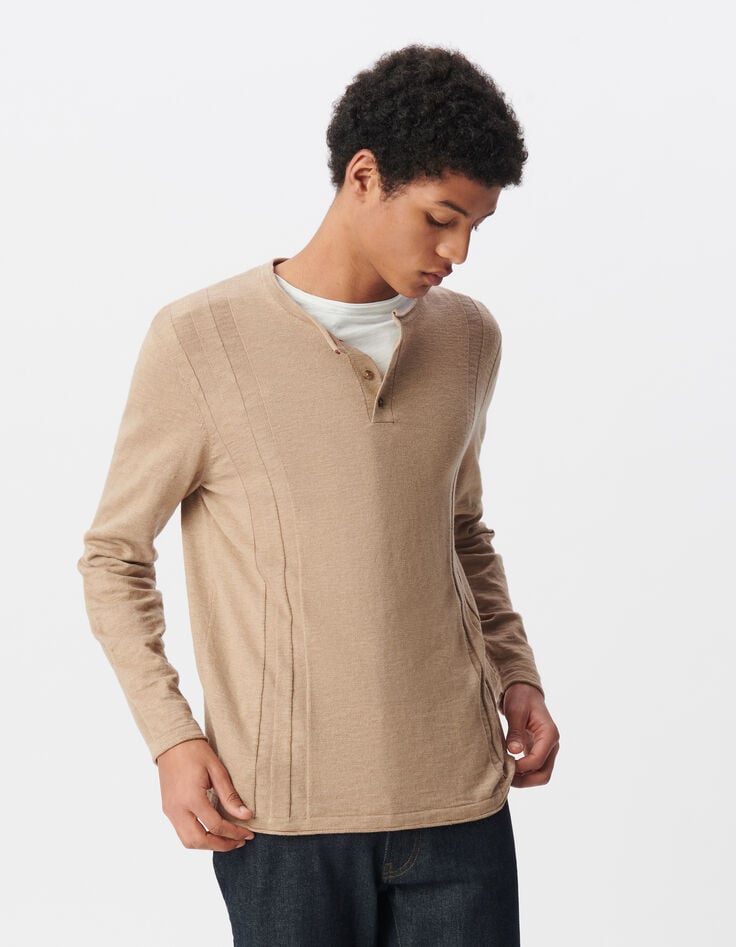 Herrenpullover, beige, Biowolle, Feinstrick, Tunikakragen-2