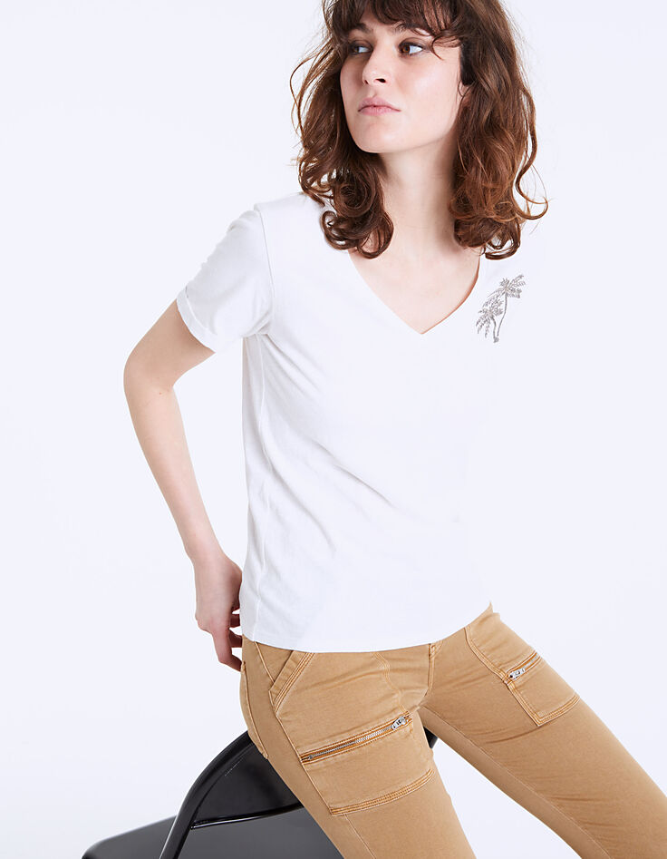 Tee-shirt col V broderie main bijou palmier femme-1 Tee-shirt col V broderie main bijou palmier femme-1