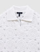 Top manches courtes blanc col polo crochet ajouré fille-5