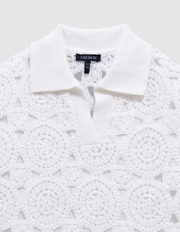 Top manches courtes blanc col polo crochet ajouré fille-5 Top manches courtes blanc col polo crochet ajouré fille-5