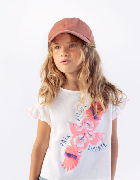 Girls’ white organic cotton T-shirt, neon pink bird image - IKKS
