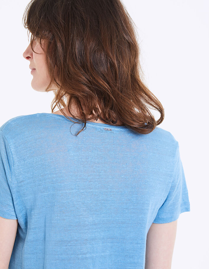 Tee-shirt col V en lin bleu visuel Los Angeles femme - IKKS