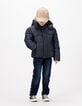 Boys’ navy padded jacket with graphic fur-lined hood-1