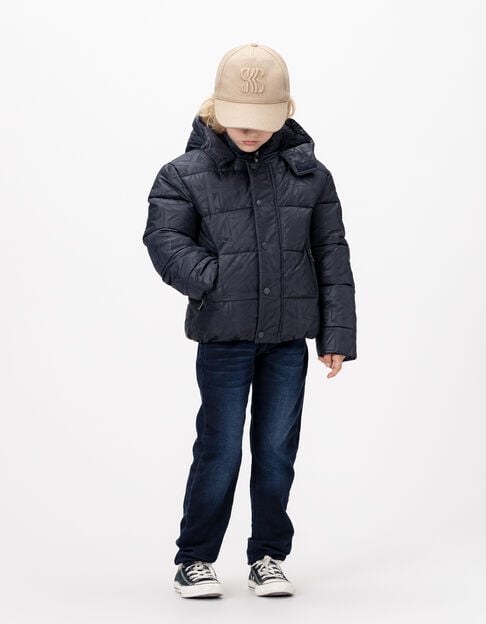 Boys’ navy padded jacket with graphic fur-lined hood - IKKS
