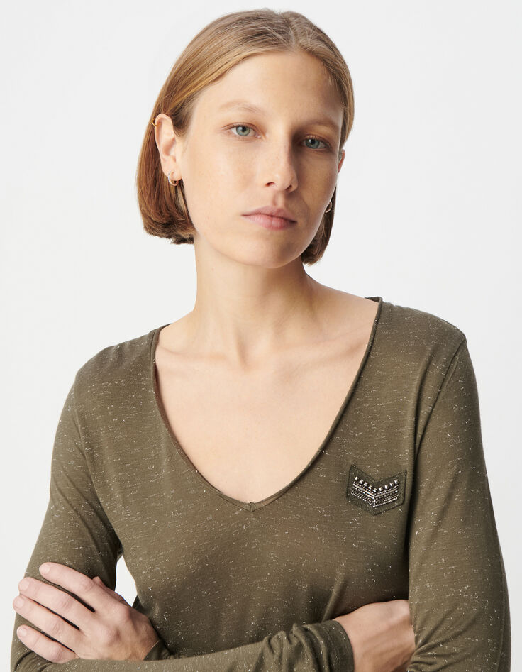 Tee-shirt kaki pailleté broderie chevrons Femme-5