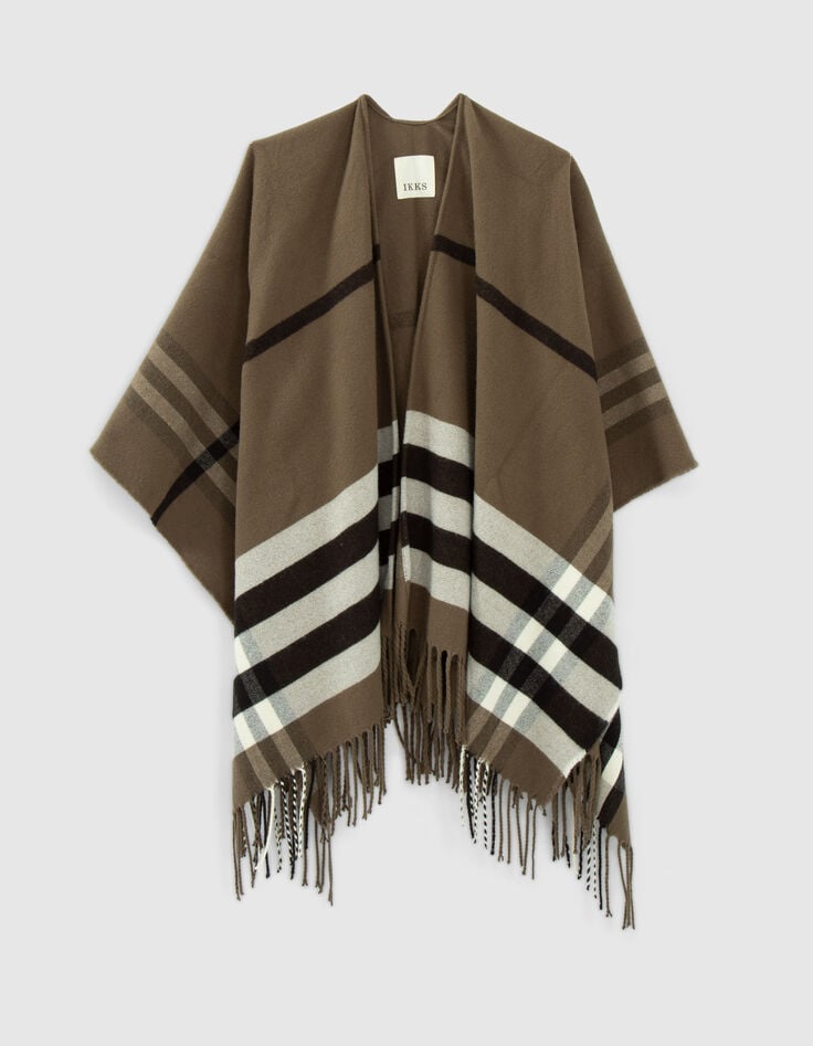 Kaki poncho met ruitmotief Dames-1