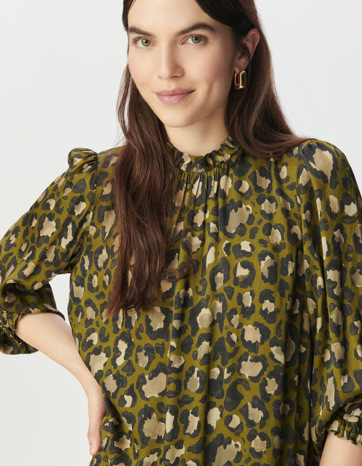 Khaki weites Damenkleid mit Leo-Fleckenprint-4