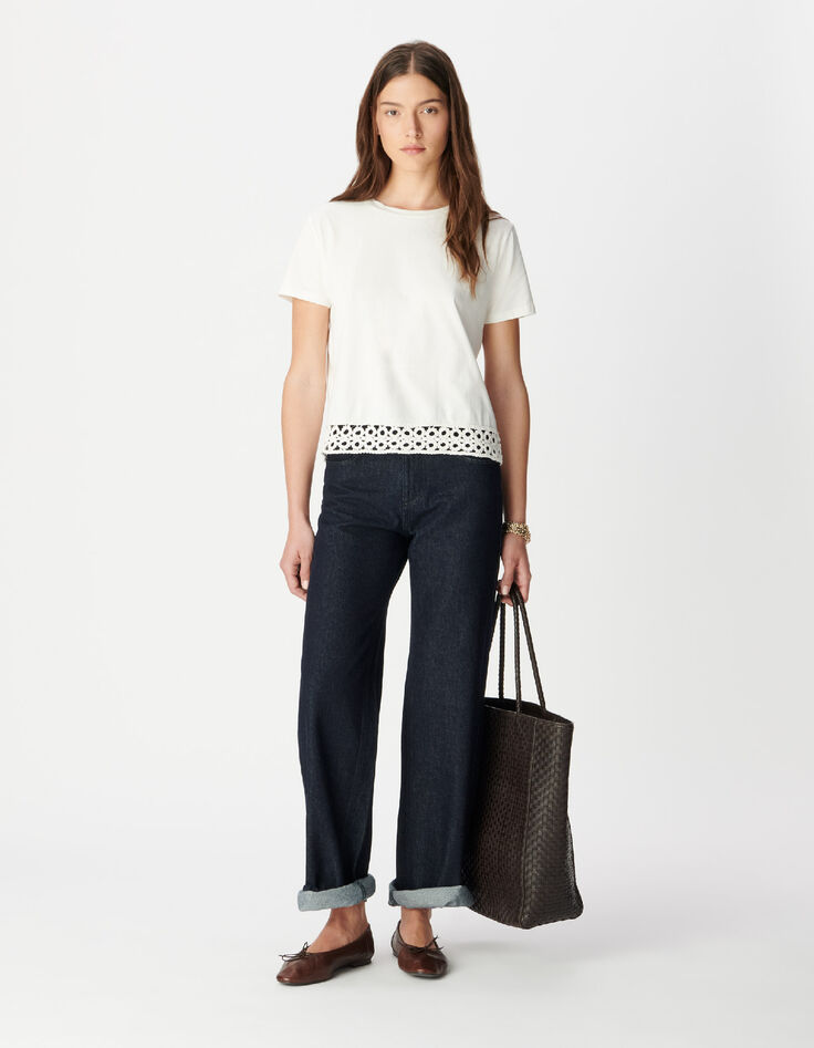 Tee-shirt col rond blanc d&eacute;tail crochet et sequins Femme-1