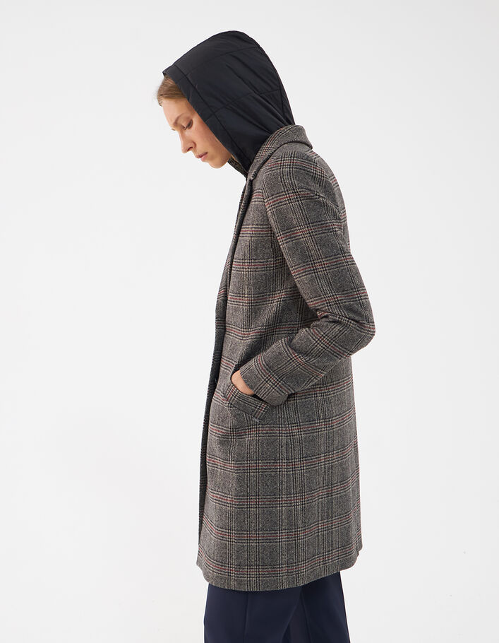 Women’s checked mid-length coat with detachable hood - IKKS