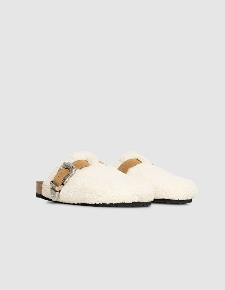 Ecru Damenslipper Wollleder Western-Schnalle-4