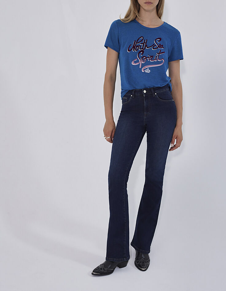 Blauw linnen T-shirt fluwelen flocking voor-4
