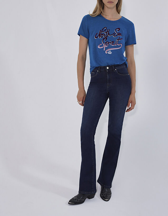Women’s blue linen T-shirt with flocked velvet graphic - IKKS