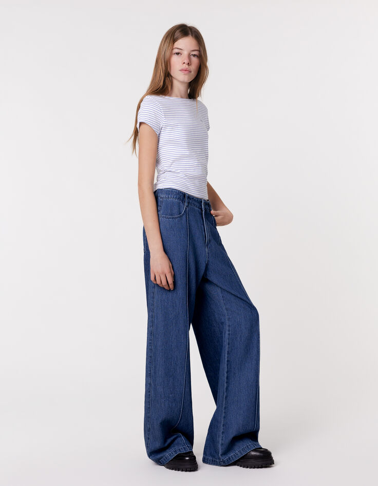 Waterless blue LARGE jeans with marked pleats for girl-3