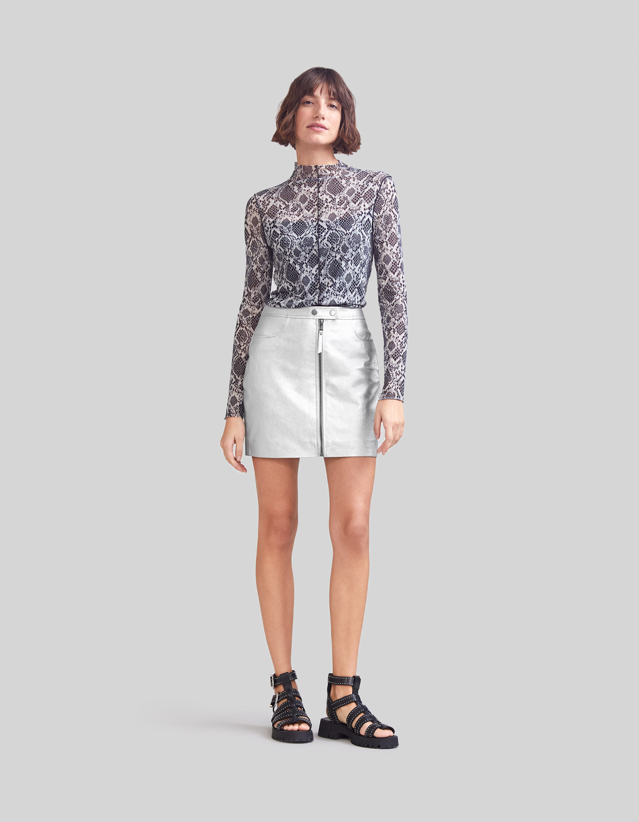 Jupe courte en cuir silver zippee Femme IKKS