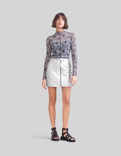 Women’s silver leather zipped short skirt - IKKS