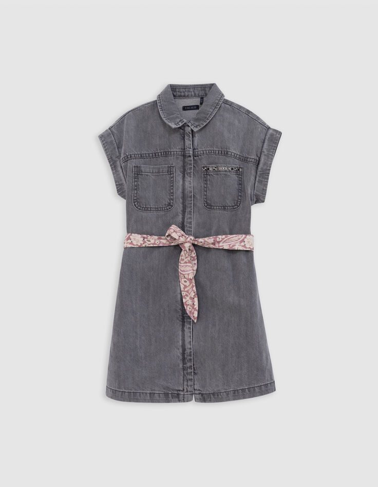 Robe en jean gris coton bio ceinture imprimée fille-3