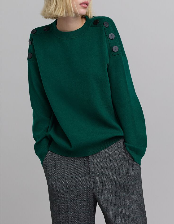 Jersey de punto verde de mujer con botones en los hombros-3 Jersey de punto verde de mujer con botones en los hombros-3