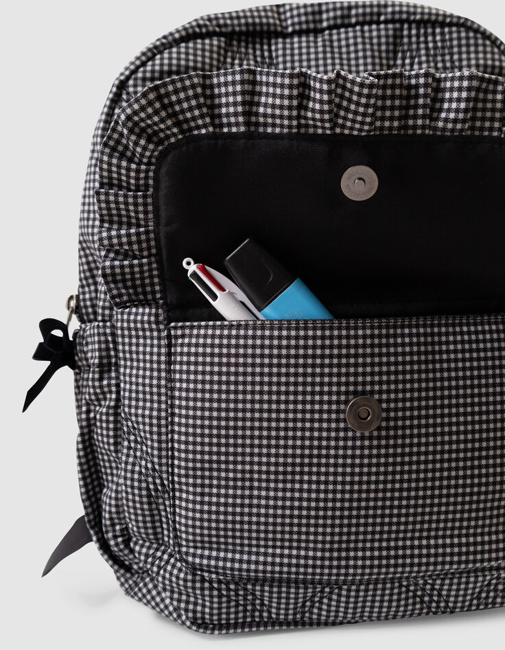 Girls’ black rucksack with ecru gingham, ruffled details-7