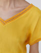 Gele jurk in twee materialen met ribboorden Dames-3