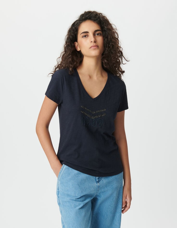 Women’s navy organic cotton T-shirt, embroidered chevrons-2 Women’s navy organic cotton T-shirt, embroidered chevrons-2
