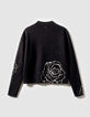 Schwarzer Stehkragen Jacquard Pullover Rosenmotiv Damen-3