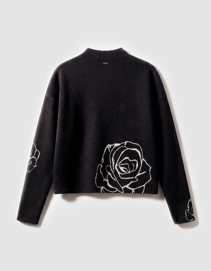 Schwarzer Stehkragen Jacquard Pullover Rosenmotiv Damen-3