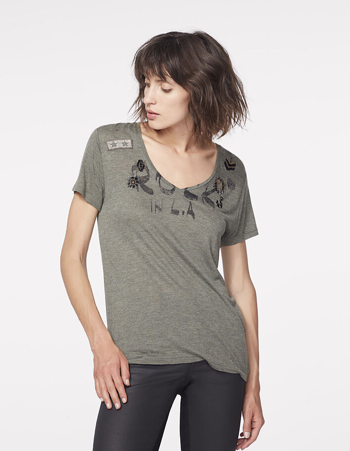 Femme Yanns Logo T-Shirt avec Col en V : : Mode
