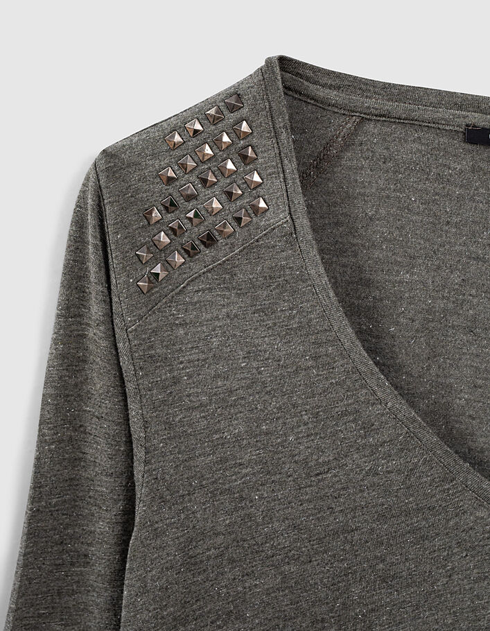 T-shirt kaki en jersey et lurex détails studs femme-3