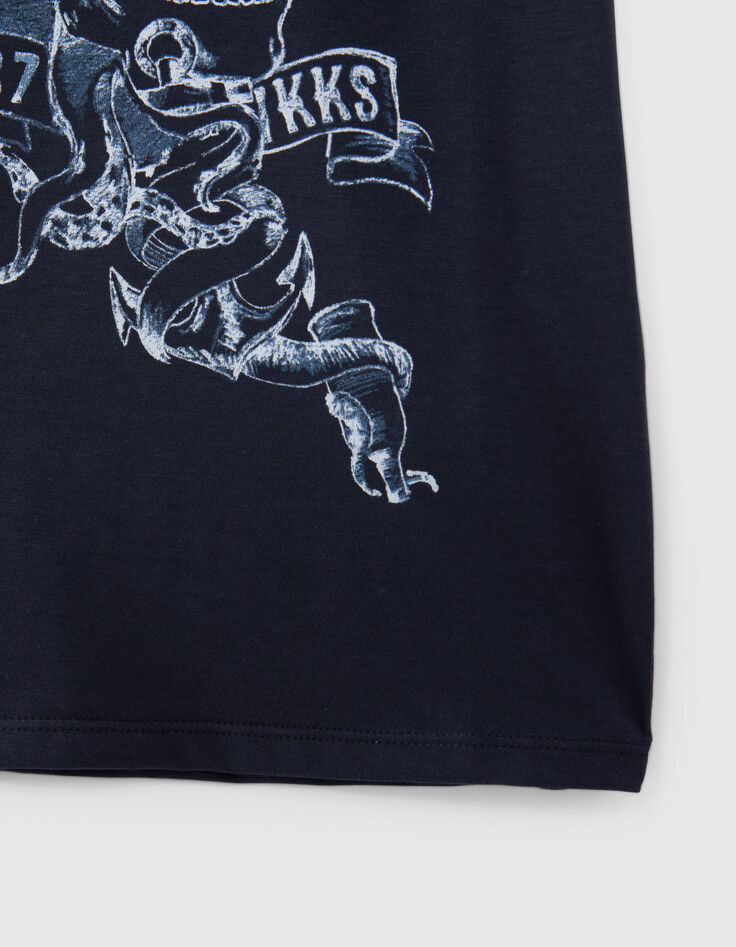 Boys' navy organic cotton T-shirt with skull image-4