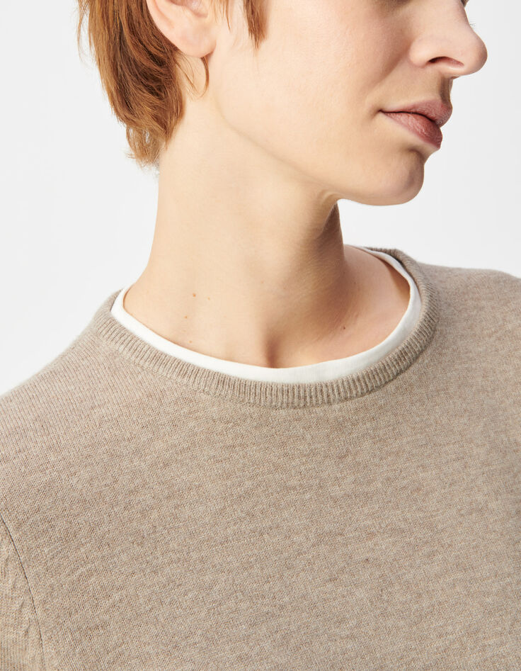 Beige wollen trui met trompe-l'oeil kraag Dames-5