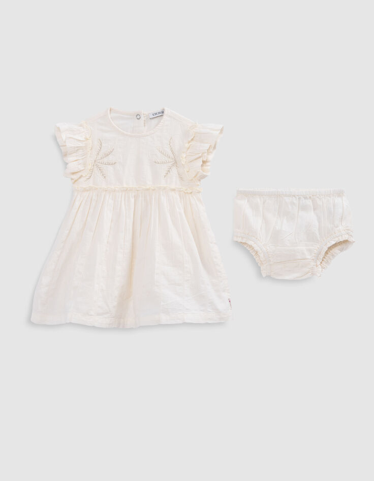 Ecru Kleid mit Stick, Windelhöschen, Babymädchen-1