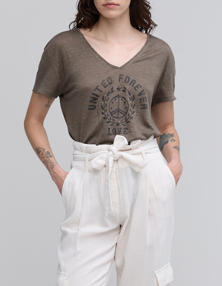 Tee-shirt kaki visuel blason symbole paix Femme-2