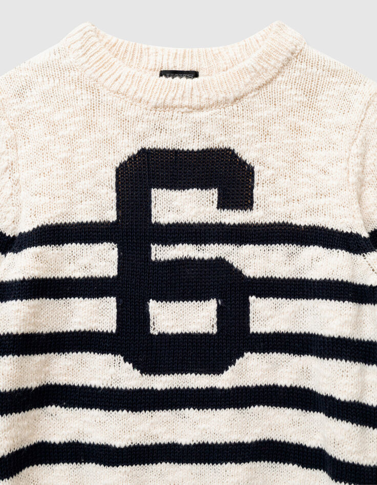 Pull &eacute;cru tricot rayures marine et chiffre gar&ccedil;on-5
