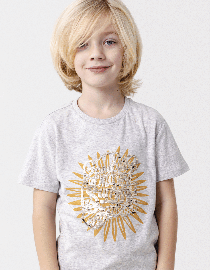 Camiseta gris algodón print y bordados lentejuelas niño-2