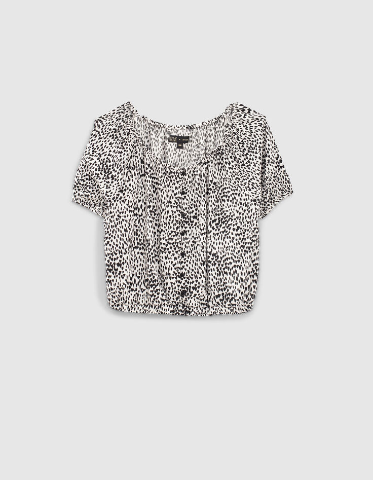 Cremewei&szlig;e M&auml;dchenbluse mit schwarzen Herzmotiven-1