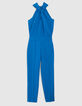 Combinaison pantalon bleue effet drapé devant Femme-8