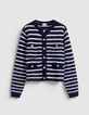 Cardigan manches longues marine rayures 100% laine Femme-7
