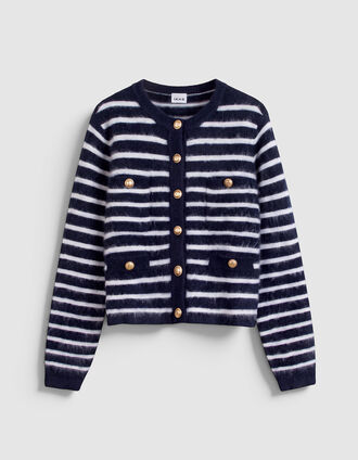 Women's 100% wool navy striped long-sleeve cardigan