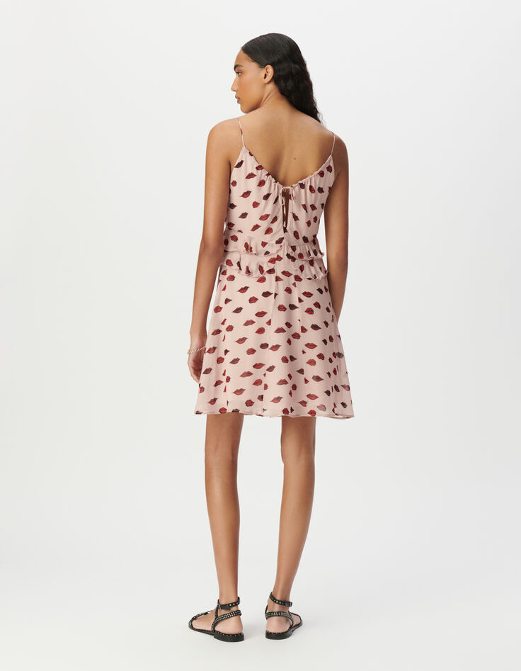 Robe fines bretelles voile rose imprimé bouches Femme-2