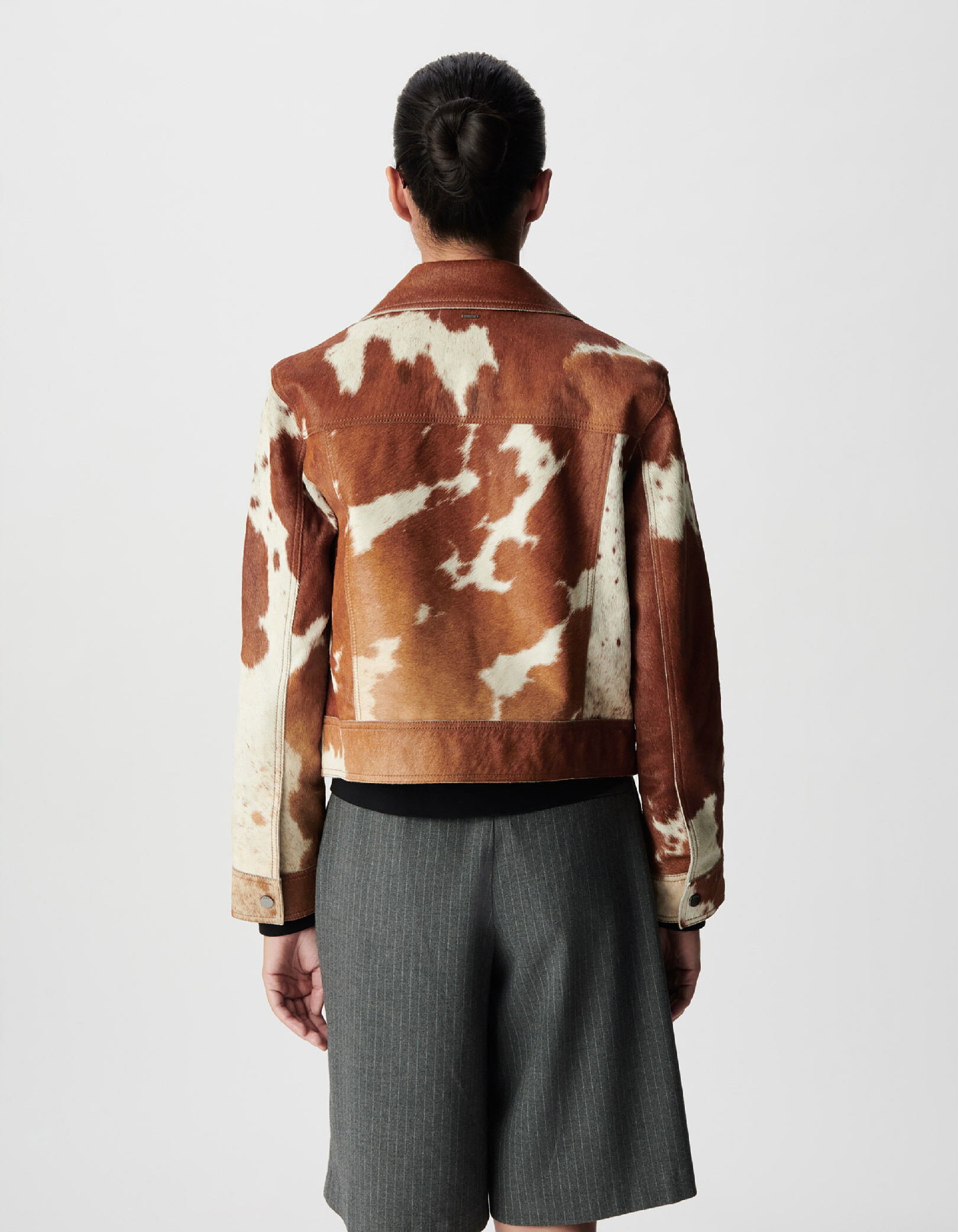 Women's brown leather short jacket with cow pattern IKKS