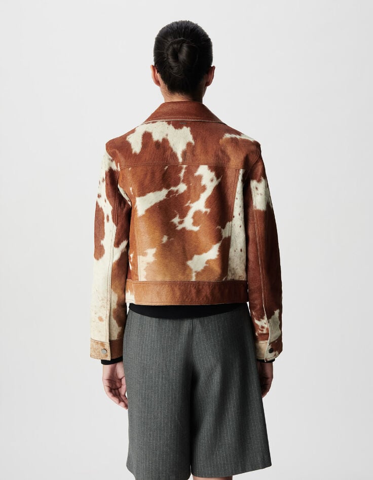 Veste courte en cuir marron motif vache Femme-3