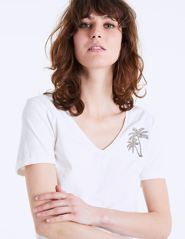 Tee-shirt col V broderie main bijou palmier femme-5 Tee-shirt col V broderie main bijou palmier femme-5