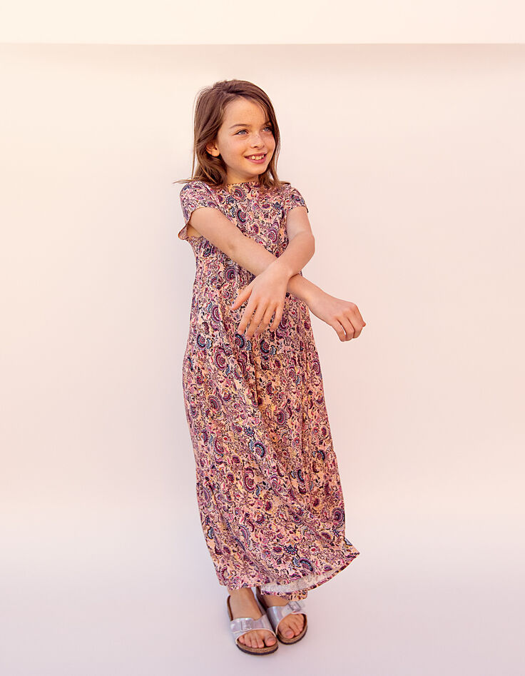 Robe longue rose poudré imprimé cachemire fille-1