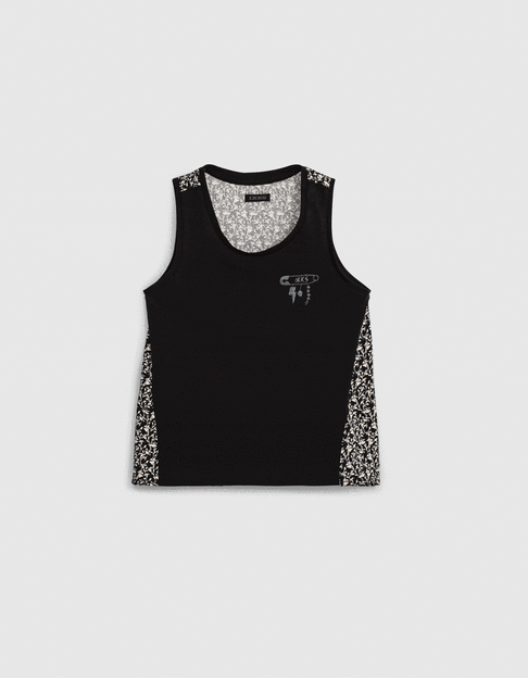 Girls’ black organic mixed fabric lily print vest top